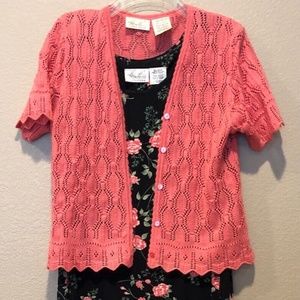 Vintage Kathy Lee Black Floral Scoop Neck Sleeveless Maxi Dress & Cardigan M